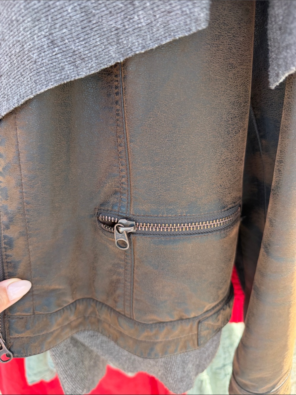 Women's Brown Distressed Leather Jacket with Gray Knit Hooded Trim - Picture 5 of 6